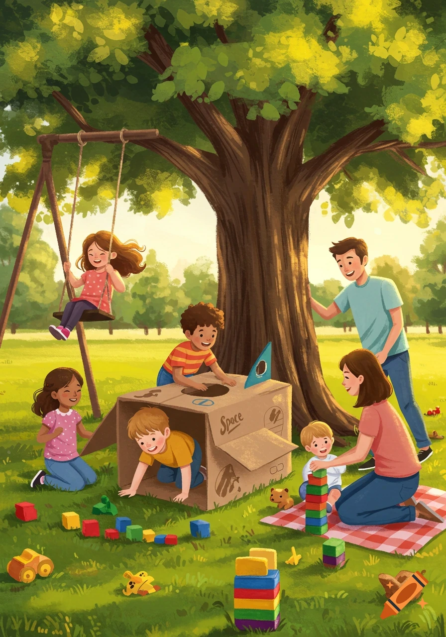 Whimsical illustration of a family playing in a park, with children on a swing, in a cardboard box fort, and building blocks.