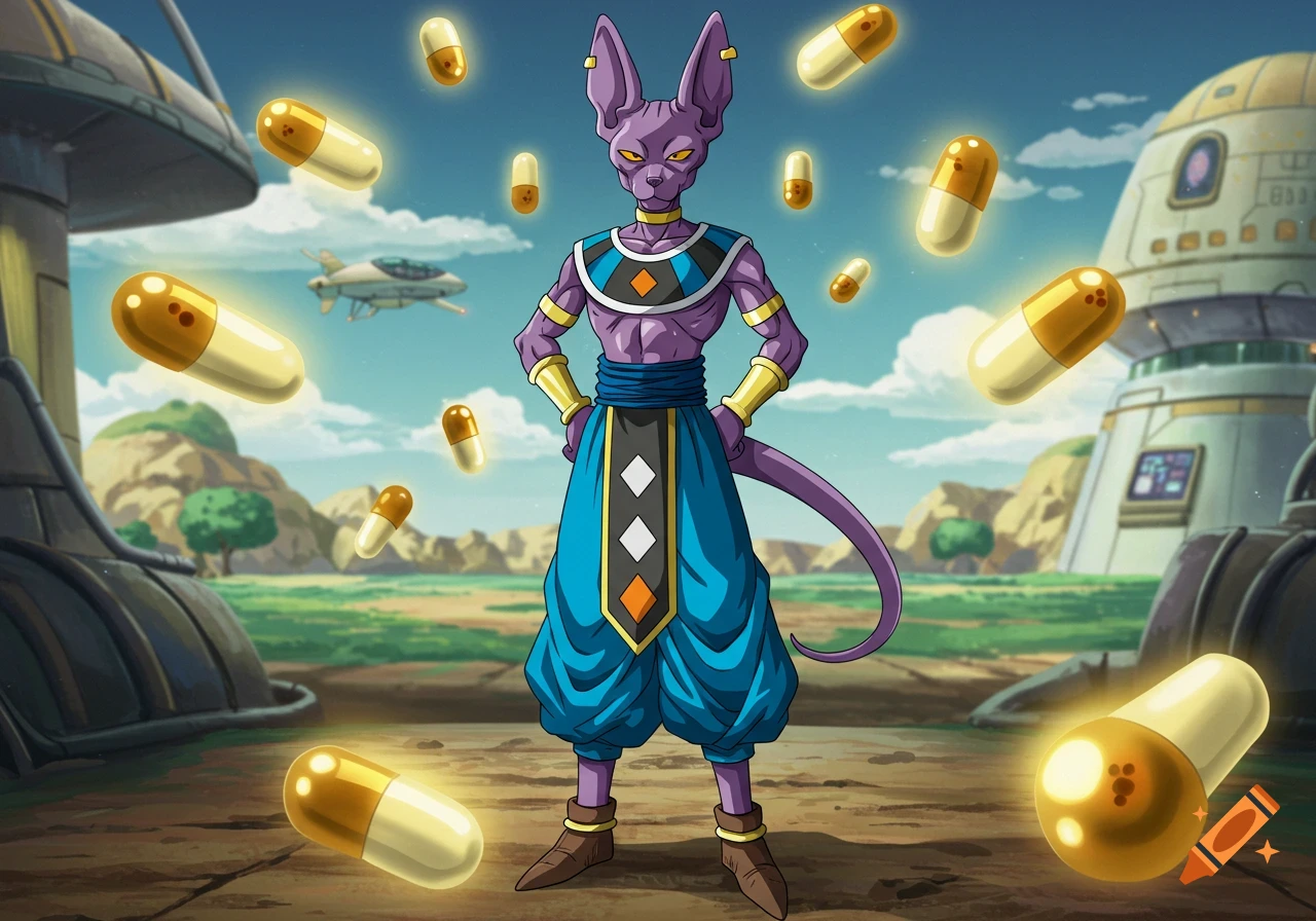 Anime-style Beerus, a purple cat-like deity, stands in an alien landscape with floating yellow capsules.