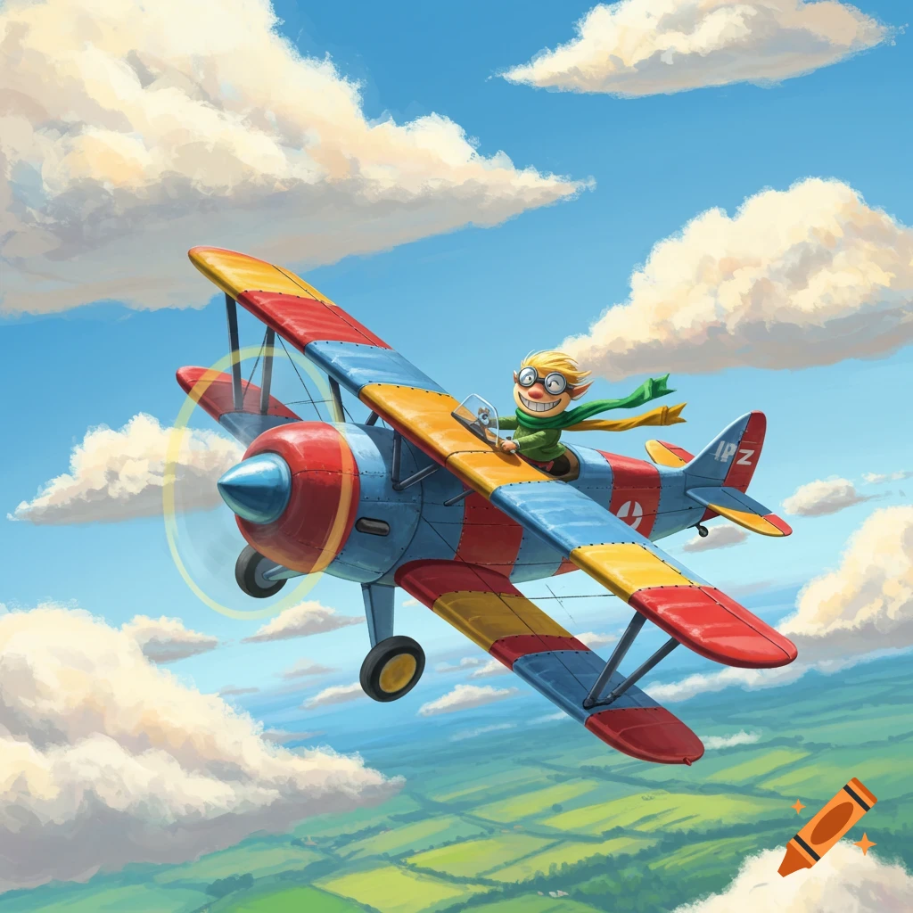 A smiling, goggle-wearing cartoon character in a green scarf pilots a colorful biplane over a green landscape with white clouds.