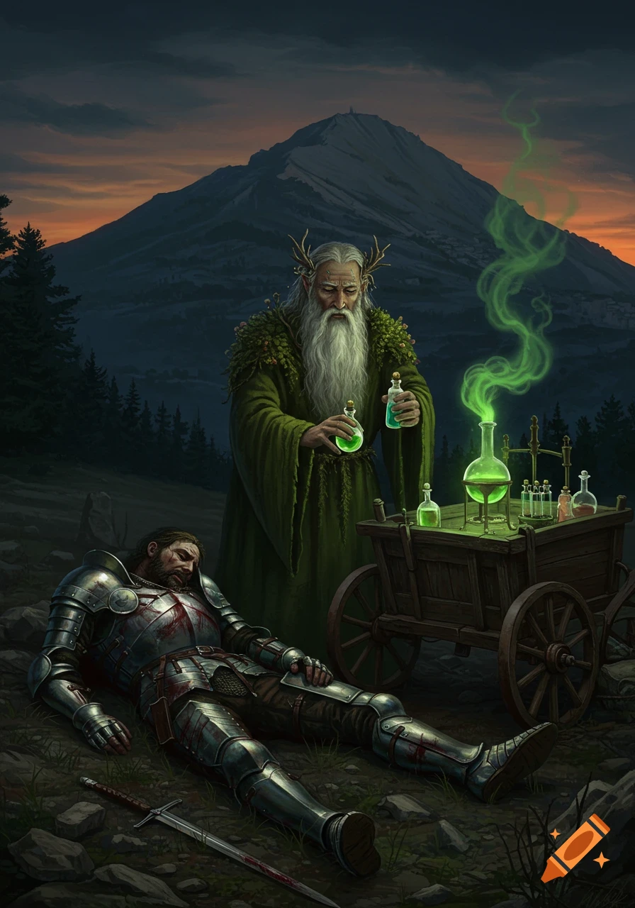 A druid in a green robe and antlers tends to an injured knight in full armor, offering a glowing potion from a cart with an alembic, at dusk against a mountain backdrop. Dark fantasy art style.