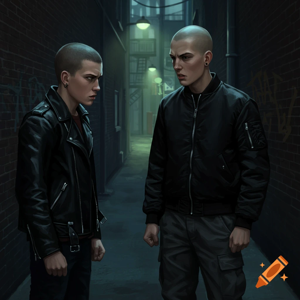 Two bald young men in leather and bomber jackets stand confrontational in a dark, gritty alleyway with brick walls and distant lights.