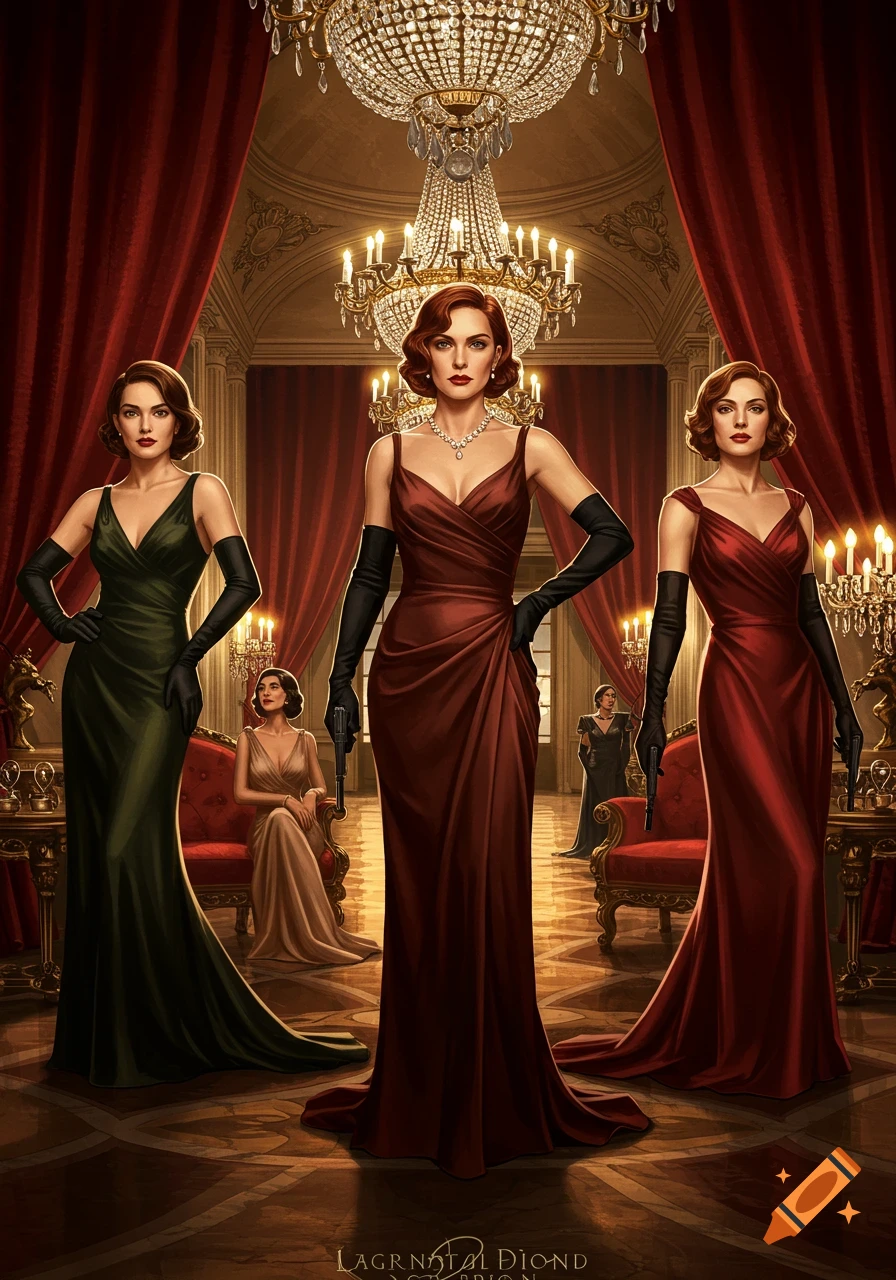 Three glamorous women in elegant evening gowns and long black gloves stand in a lavish vintage room with chandeliers, two holding pistols. Another woman sits in the background.