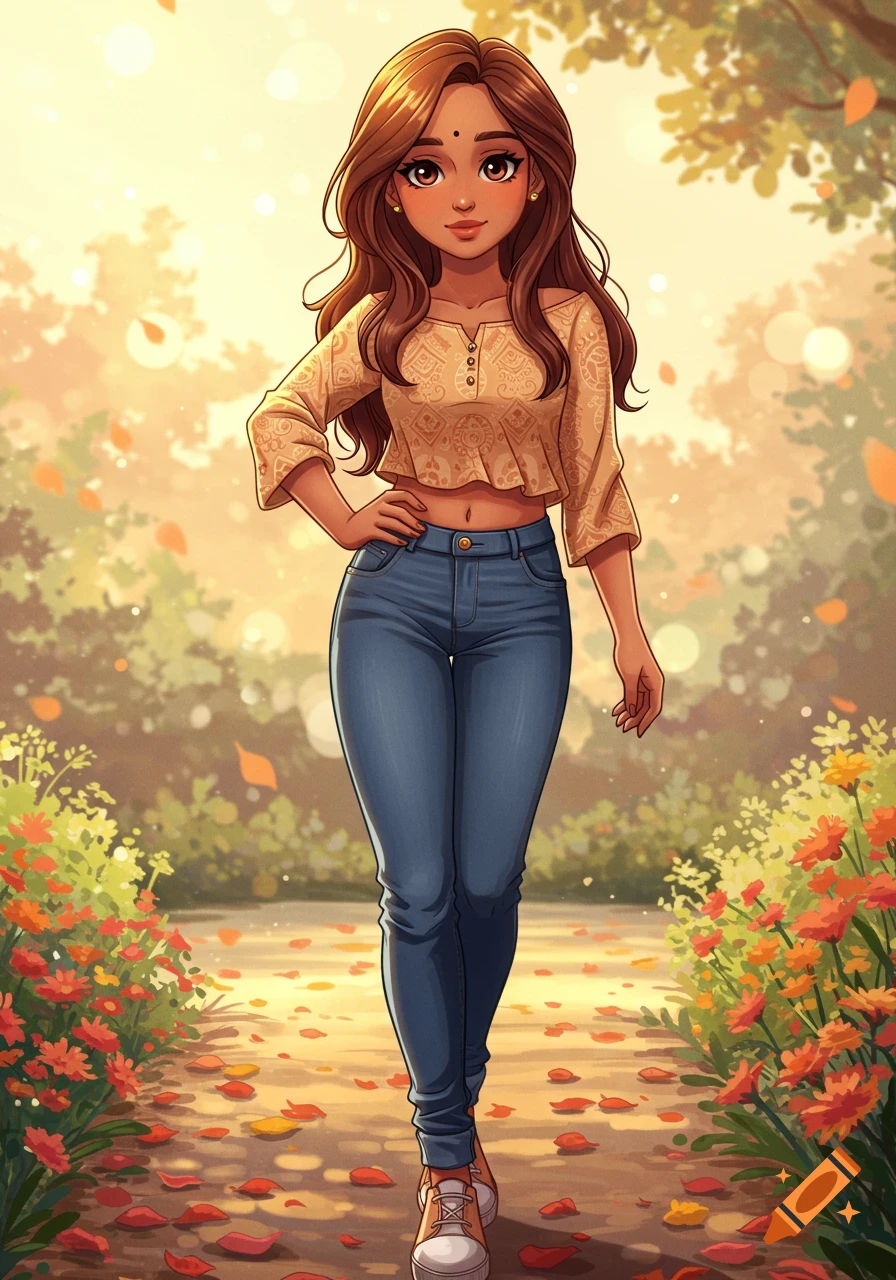 Anime Indian girl with long brown hair, wearing a beige crop top and blue jeans, walking in an autumn park.