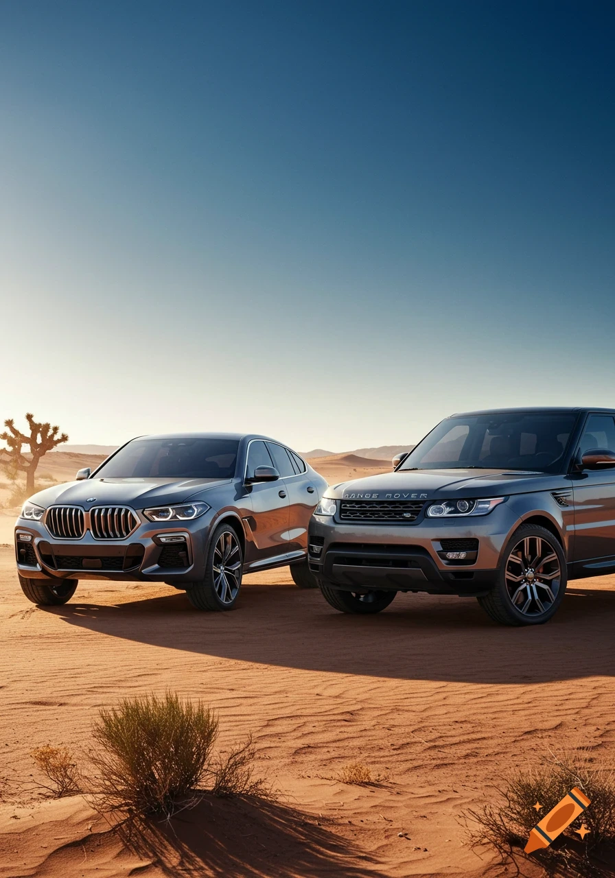 Two luxury SUVs, a gray BMW X6 and a gray Range Rover Sport, parked on sand dunes in a vast desert under a clear blue sky.