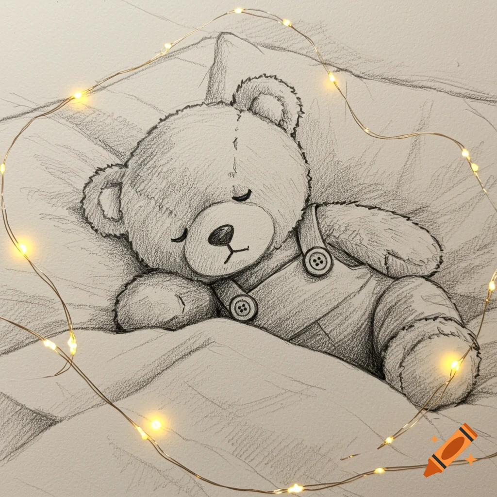 Pencil sketch of a sleeping teddy bear tucked in bed, surrounded by warm fairy lights.