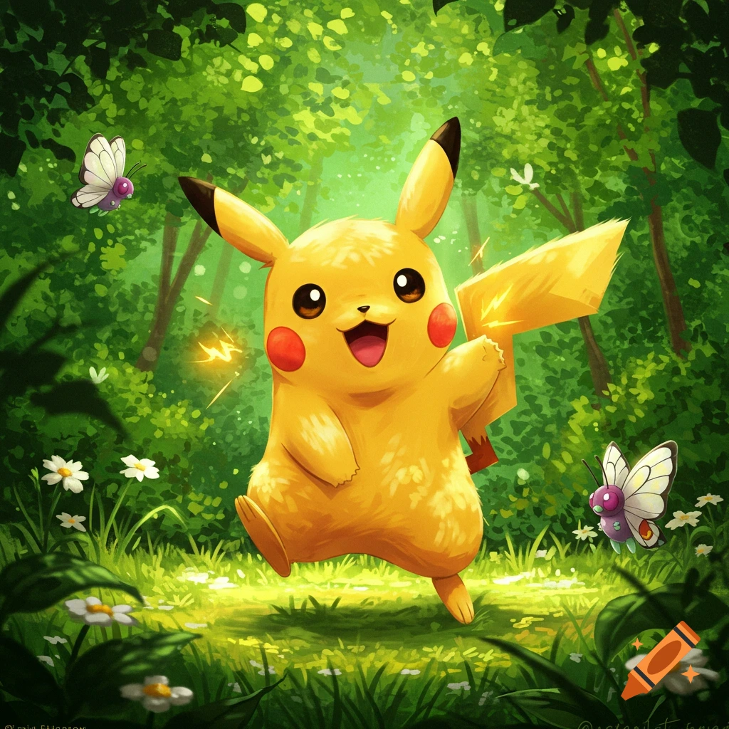A cheerful Pikachu with red cheeks runs through a vibrant green forest, surrounded by white flowers and two butterflies.