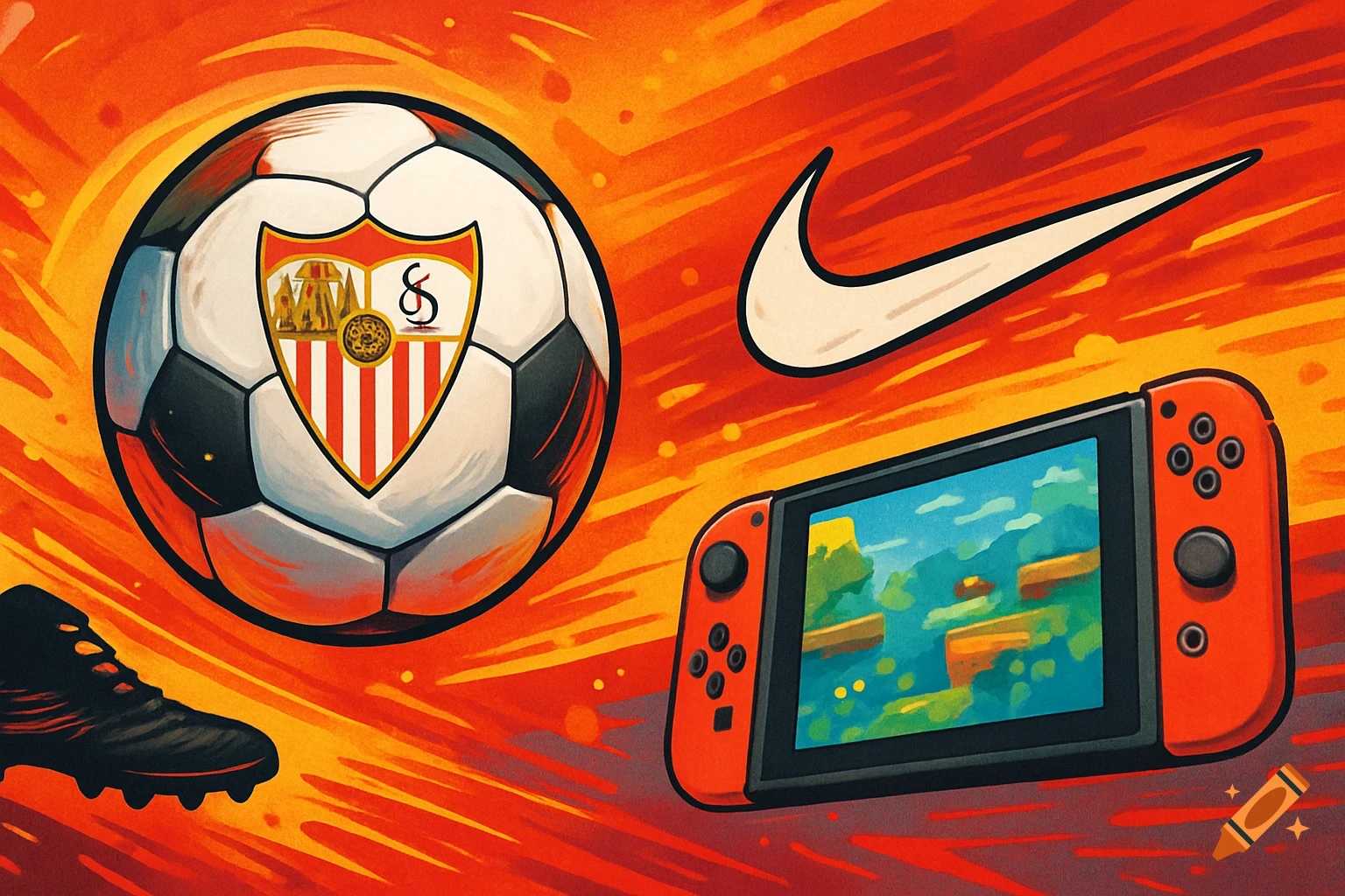 An illustration featuring a soccer ball with the Sevilla FC crest, a Nike swoosh, a Nintendo Switch displaying a game, and a soccer boot, all against an orange and red background.