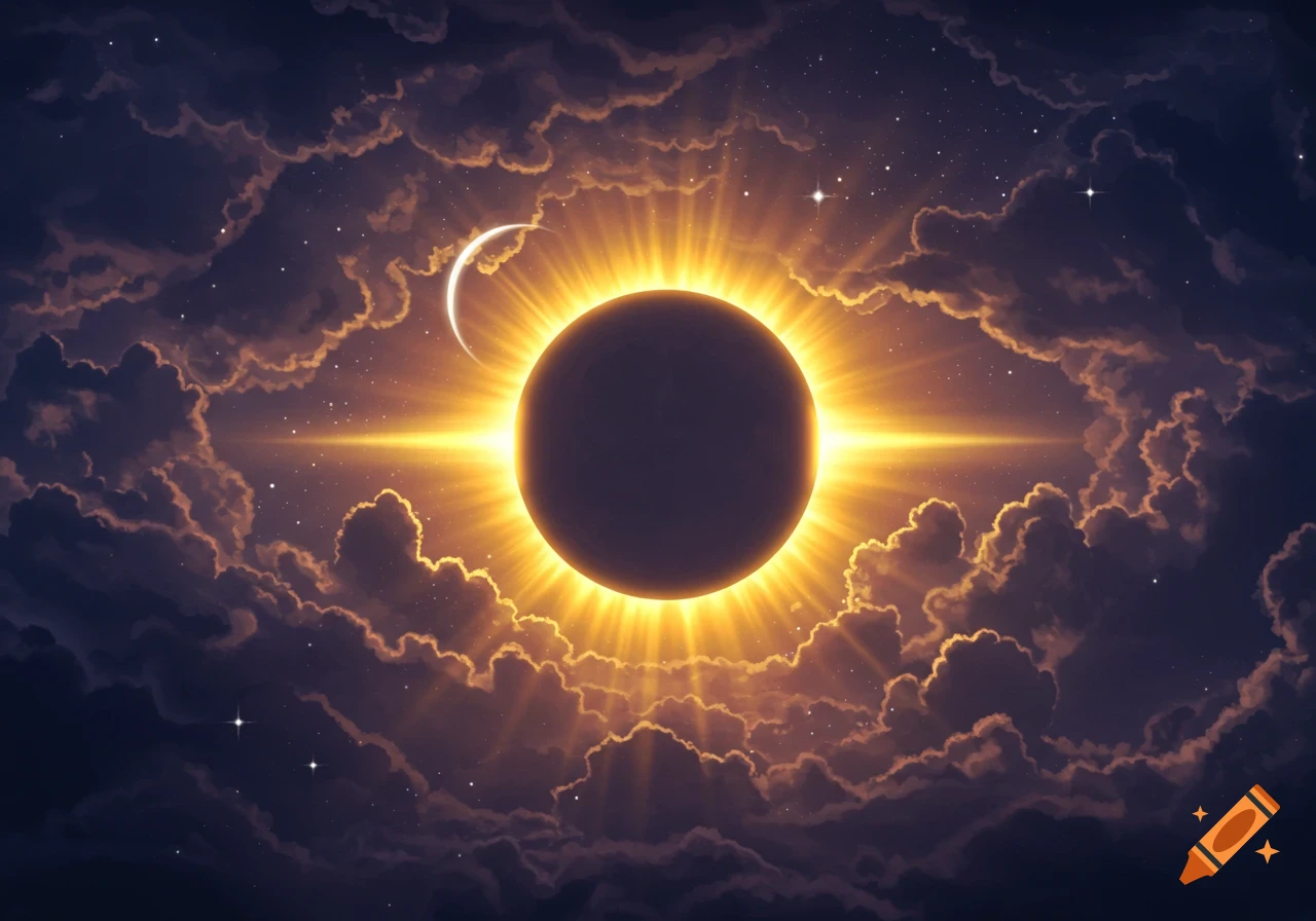 A dramatic total eclipse with a dark celestial body silhouetted by a brilliant golden corona and sun rays, surrounded by dark, glowing clouds and stars in a cosmic sky.