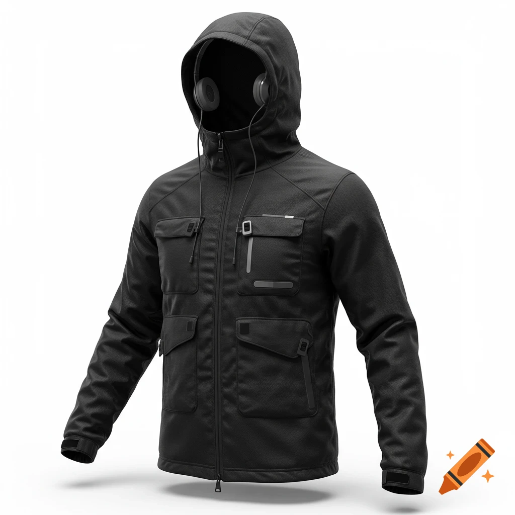 A detailed black hooded jacket with integrated headphones and multiple utility pockets, against a white background.