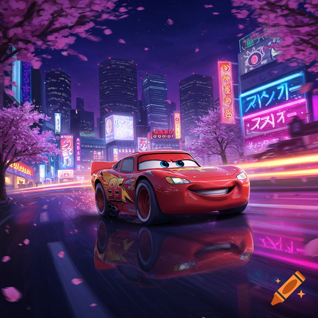 Lightning McQueen drives through a neon-lit Japanese-style city at night, with cherry blossom trees and bright reflections on the wet road. Stylized art.