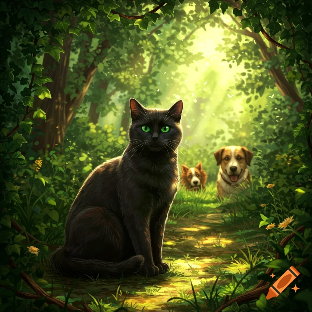 A vibrant illustration of a black cat with bright green eyes sitting on a sun-dappled forest path, with two dogs in the background.