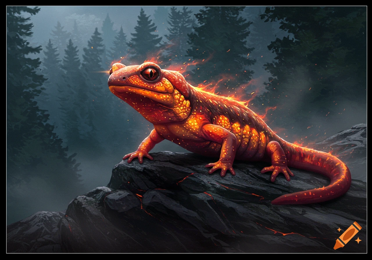 A vibrant orange and red salamander with fiery glowing spots and embers sits on dark rocks in a misty forest.