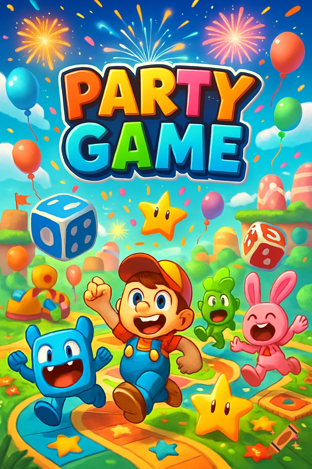Colorful cartoon characters, dice, and stars on a board game map with a 'PARTY GAME' title, balloons, and fireworks.
