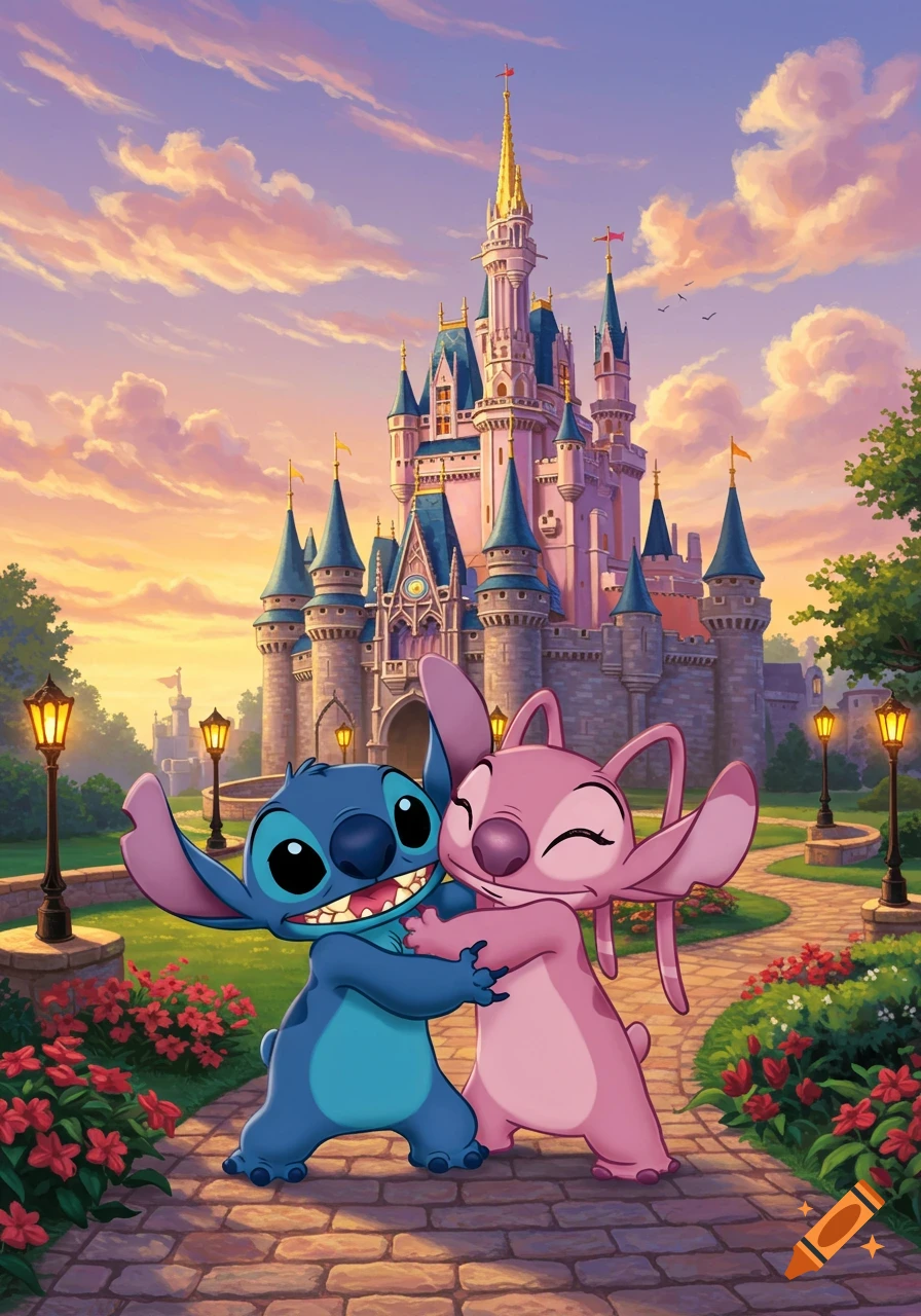 Stitch and Angel hug happily on a paved path in front of a grand pink Disney castle at sunset, surrounded by flowers.
