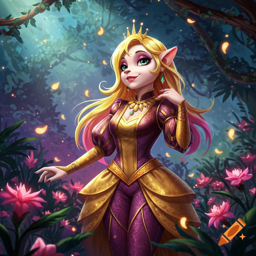 A cartoon princess with blonde hair and a crown in a magical forest with glowing lights and pink flowers.