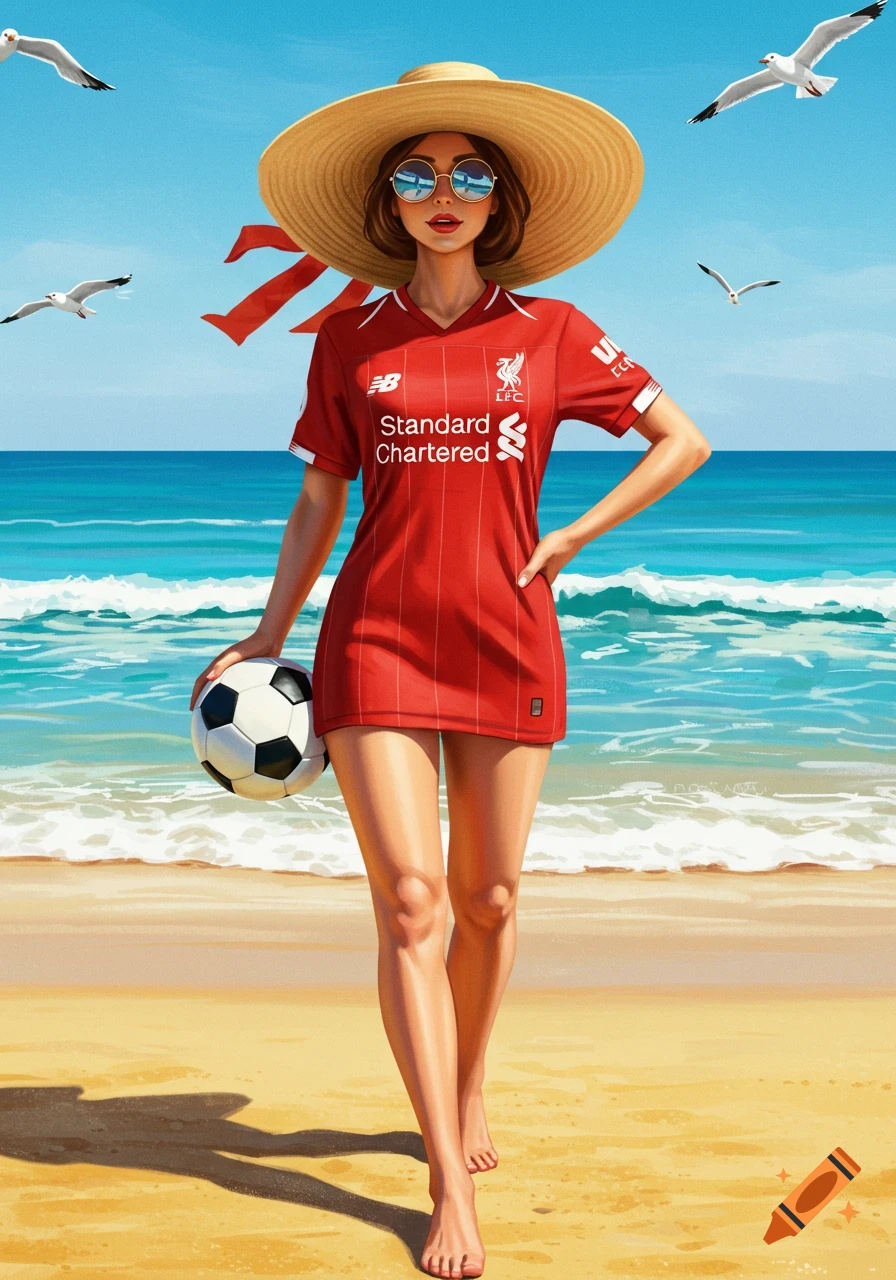 Stylized illustration of a woman in a sun hat, sunglasses, and a red Liverpool FC jersey dress, holding a soccer ball on a sunny beach.