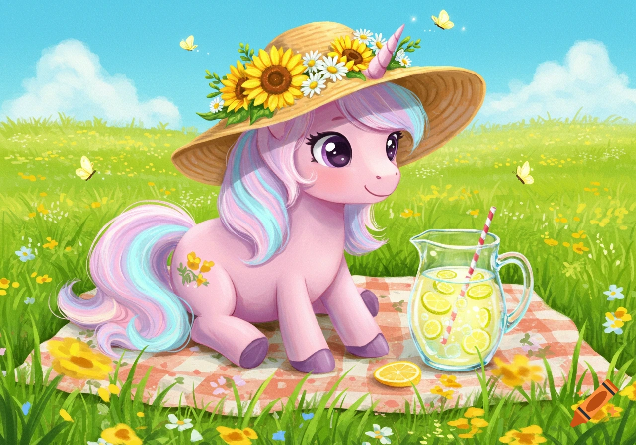 A cute pink cartoon unicorn wearing a straw hat with sunflowers sits on a picnic blanket in a flowery field next to lemonade.
