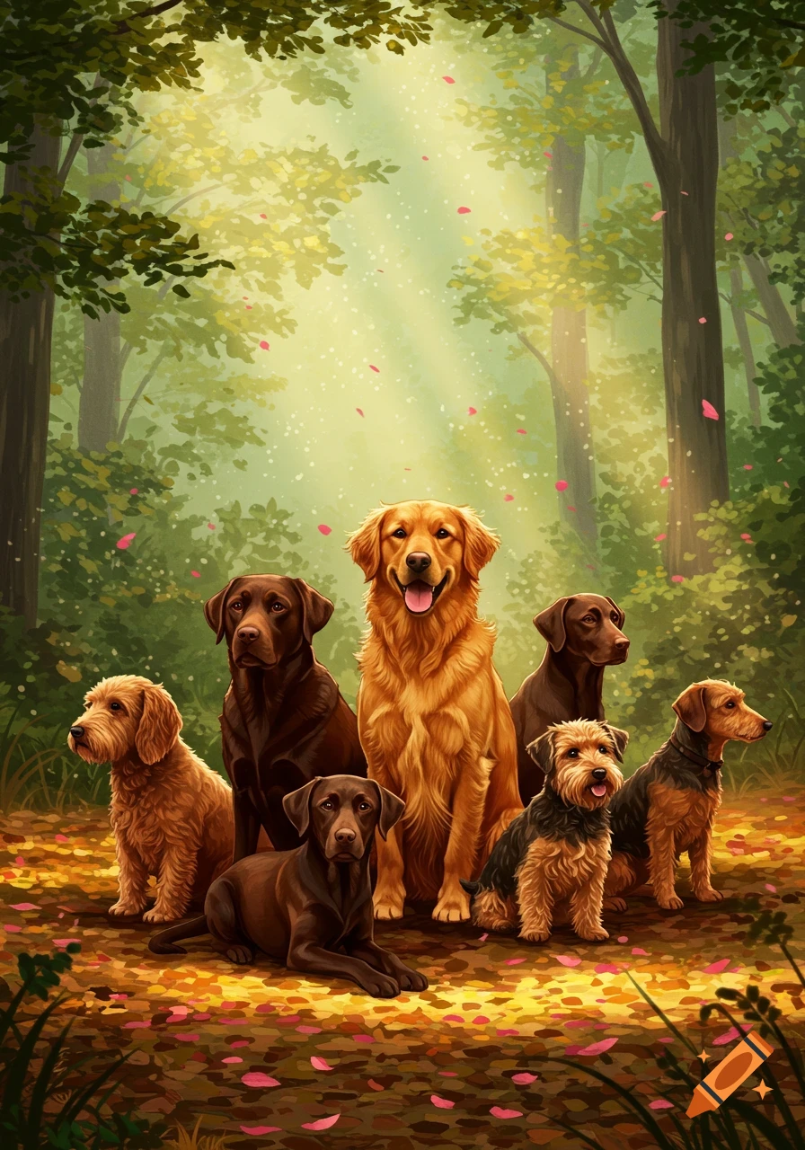 A group of seven dogs, including Golden Retrievers, Labradors, and Terriers, sit on a forest floor in an illustrative style.