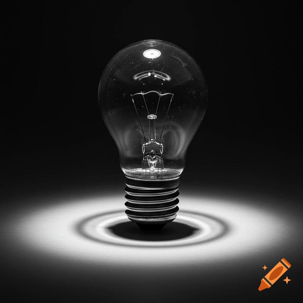 A black and white still life photograph of a clear glass light bulb with a filament and screw base, spotlighted on a dark background.
