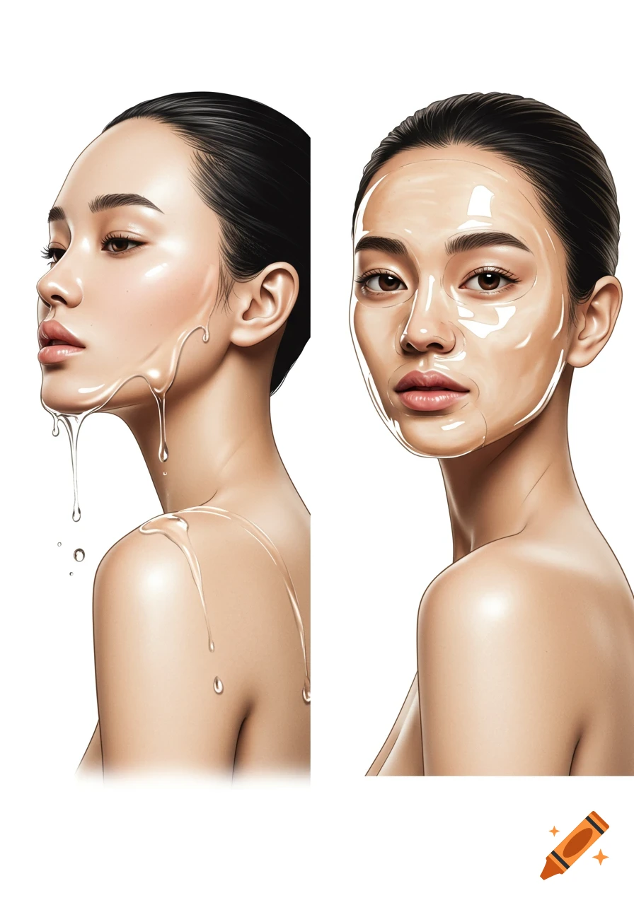 Split image of a woman with sleek hair. Left: profile, serum dripping. Right: facing forward, clear collagen mask. Luxurious beauty ad style.