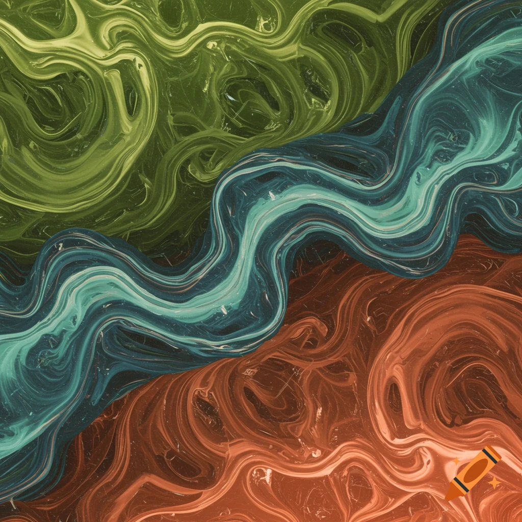 Abstract fluid art with wavy sections of green, blue-teal, and orange-red marbled patterns.