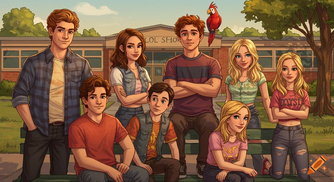 An illustration of a diverse group of seven teenagers and a red parrot posing in front of a school building.