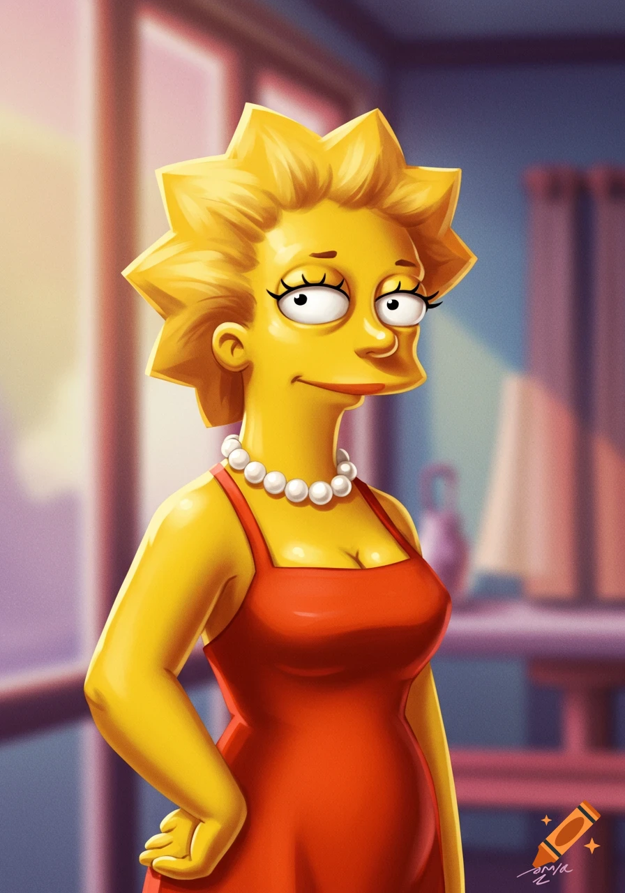 Lisa Simpson, depicted as 26, in a red dress with a pearl necklace, hand on hip, in a stylized cartoon illustration.