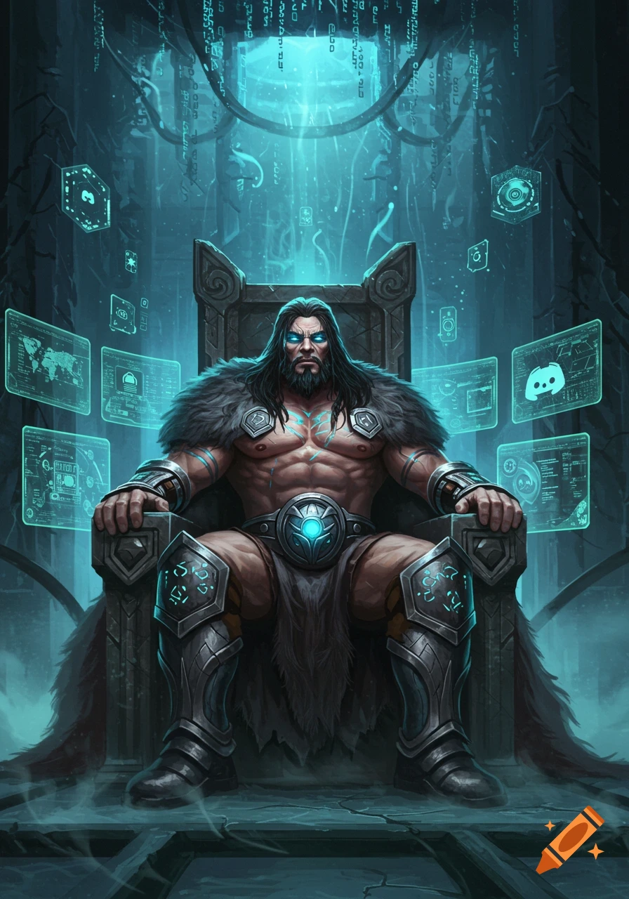 Muscular barbarian king with glowing eyes sitting on a throne surrounded by holographic screens with data and a Discord logo in a dark, futuristic chamber.