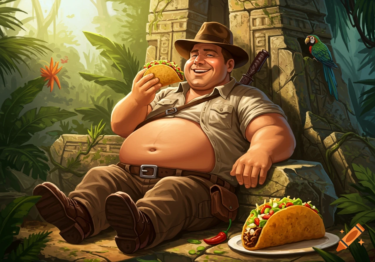 A smiling, plump explorer in a hat and open shirt eats a taco while sitting among jungle ruins. Stylized illustration.