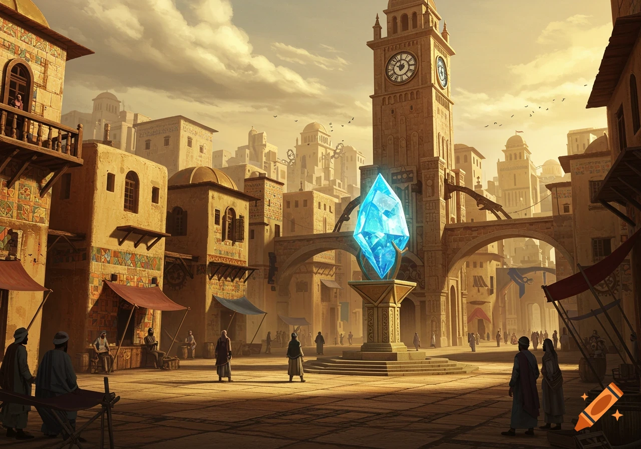 A vibrant fantasy city square with a glowing blue crystal, a tall clock tower, and numerous mud-brick buildings under a golden sky.
