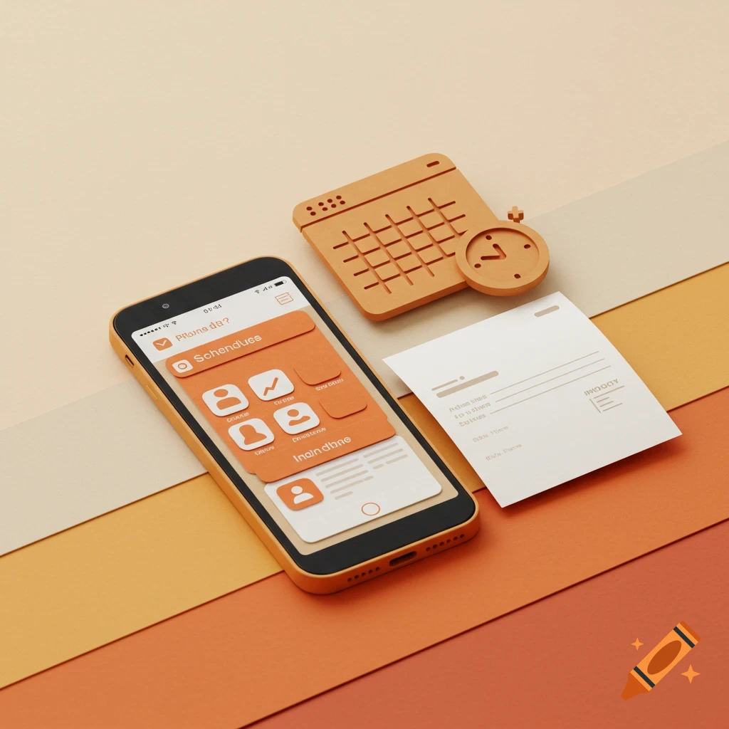 Paper craft illustration of a smartphone with a scheduling app, an orange calendar, and an invoice on layered beige and terracotta paper.