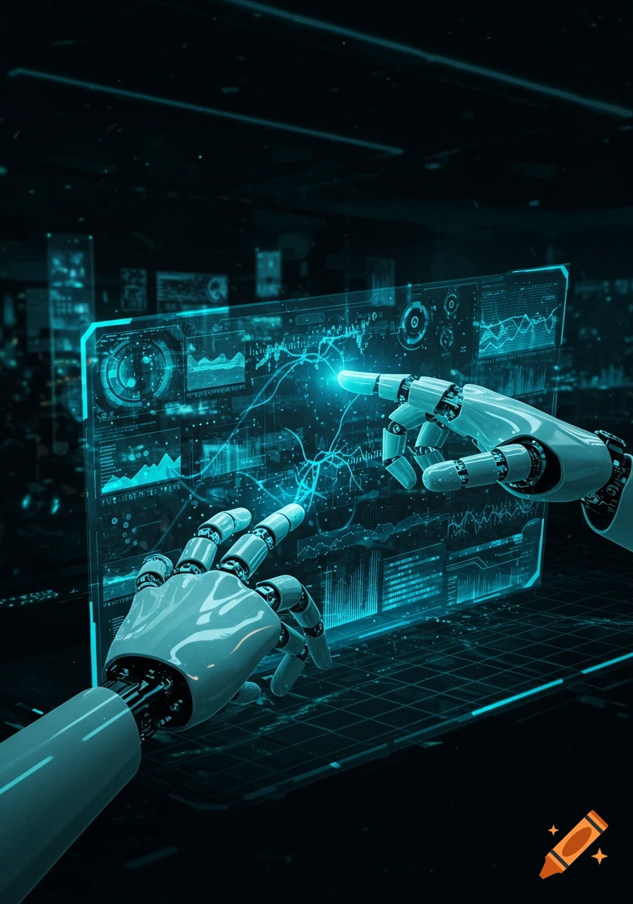 Two robotic hands interact with a glowing blue holographic data screen showing graphs and charts in a futuristic digital art style.