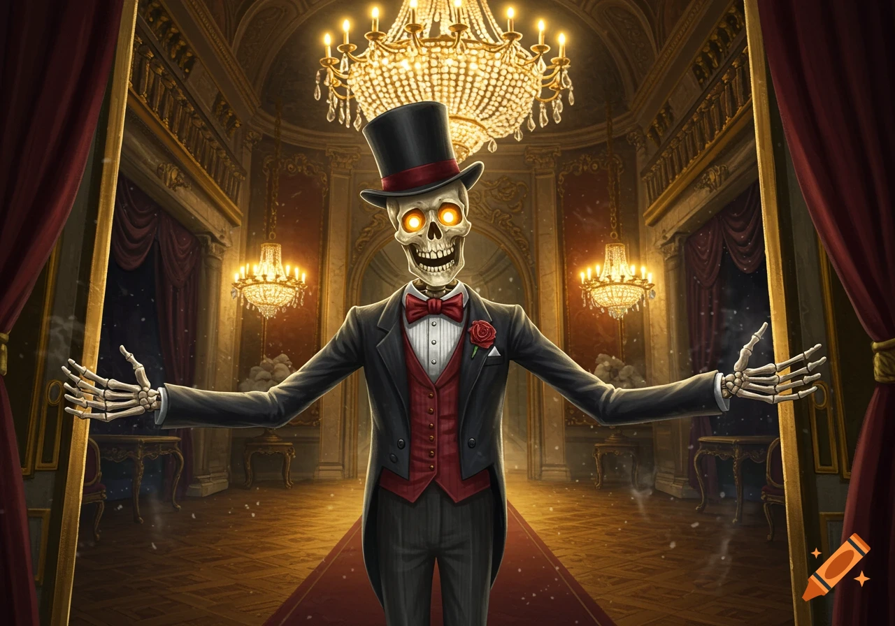 An elegant skeleton in a top hat and suit with glowing eyes stands with open arms in an opulent grand hall with chandeliers, illustration.