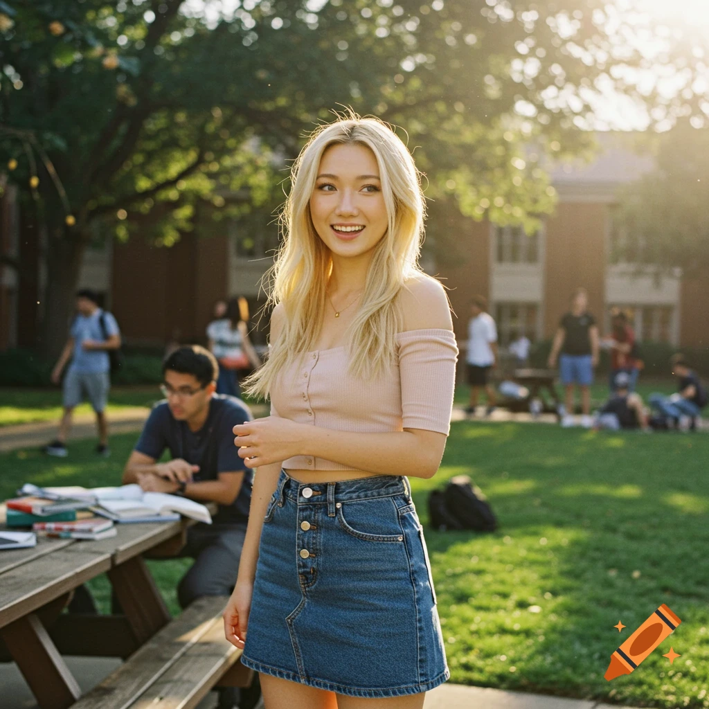 A smiling blonde woman in a pink off-shoulder top and denim skirt stands on a sunny college campus.
