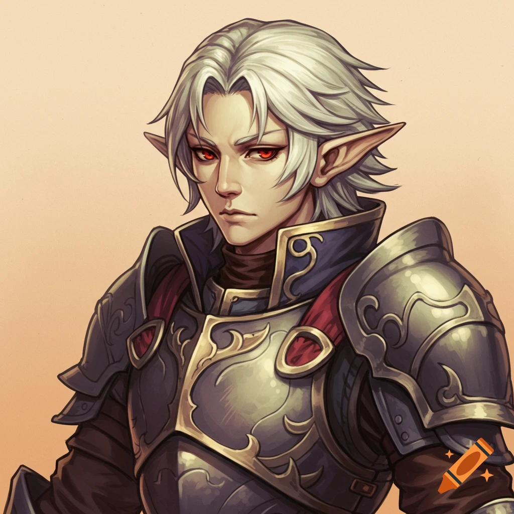 An anime-style portrait of an elf-like warrior with white hair, red eyes, and pointy ears, wearing elaborate silver and gold armor against a pale orange background.