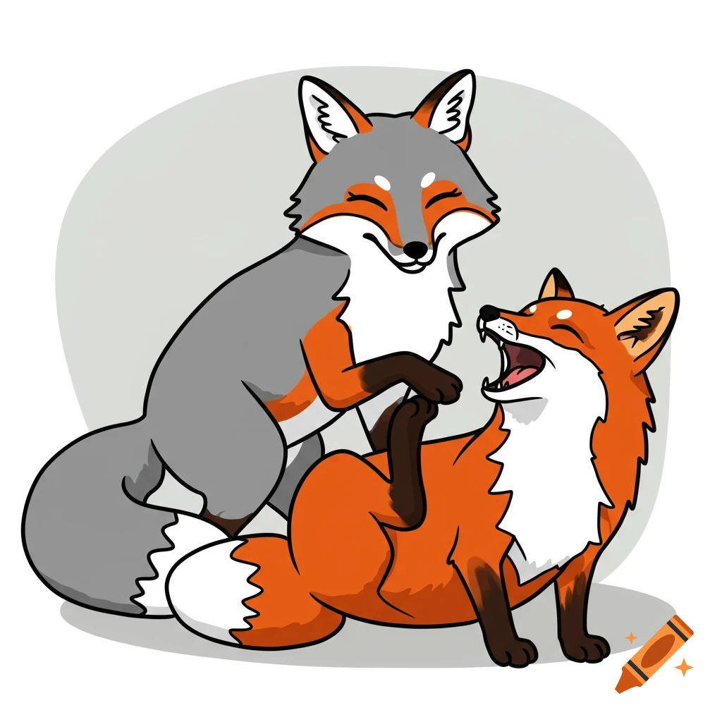 A cartoon grey fox tickles a laughing orange fox, who is squirming on the ground with a wide open mouth.