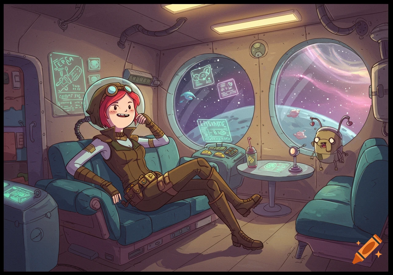 A red-haired female character in a pilot's helmet and brown jumpsuit lounges on a couch inside a spaceship, with portholes revealing space and a small alien creature standing nearby, in an Adventure Time style.