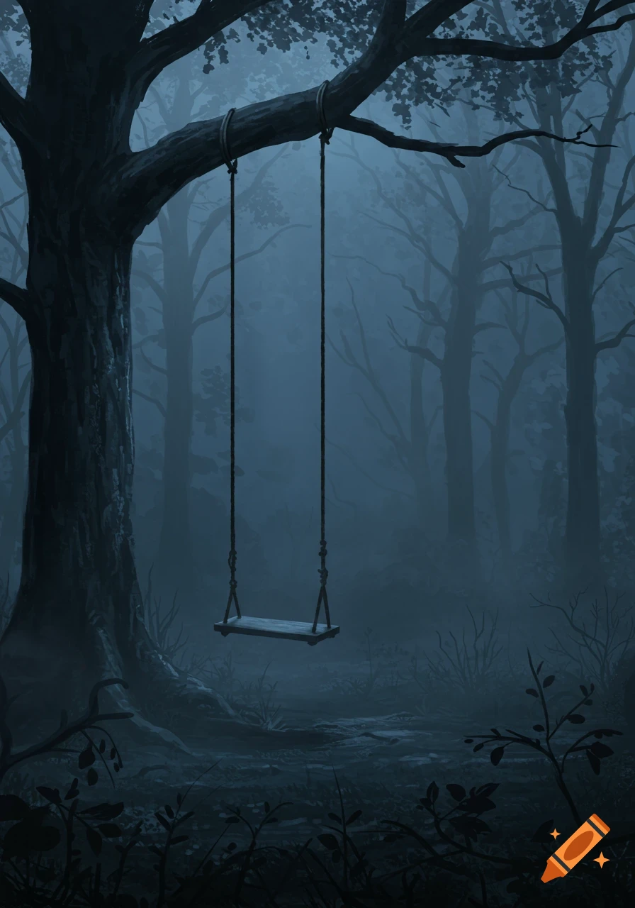 Eerie illustration of a wooden swing hanging from a tree in a dark, misty forest.