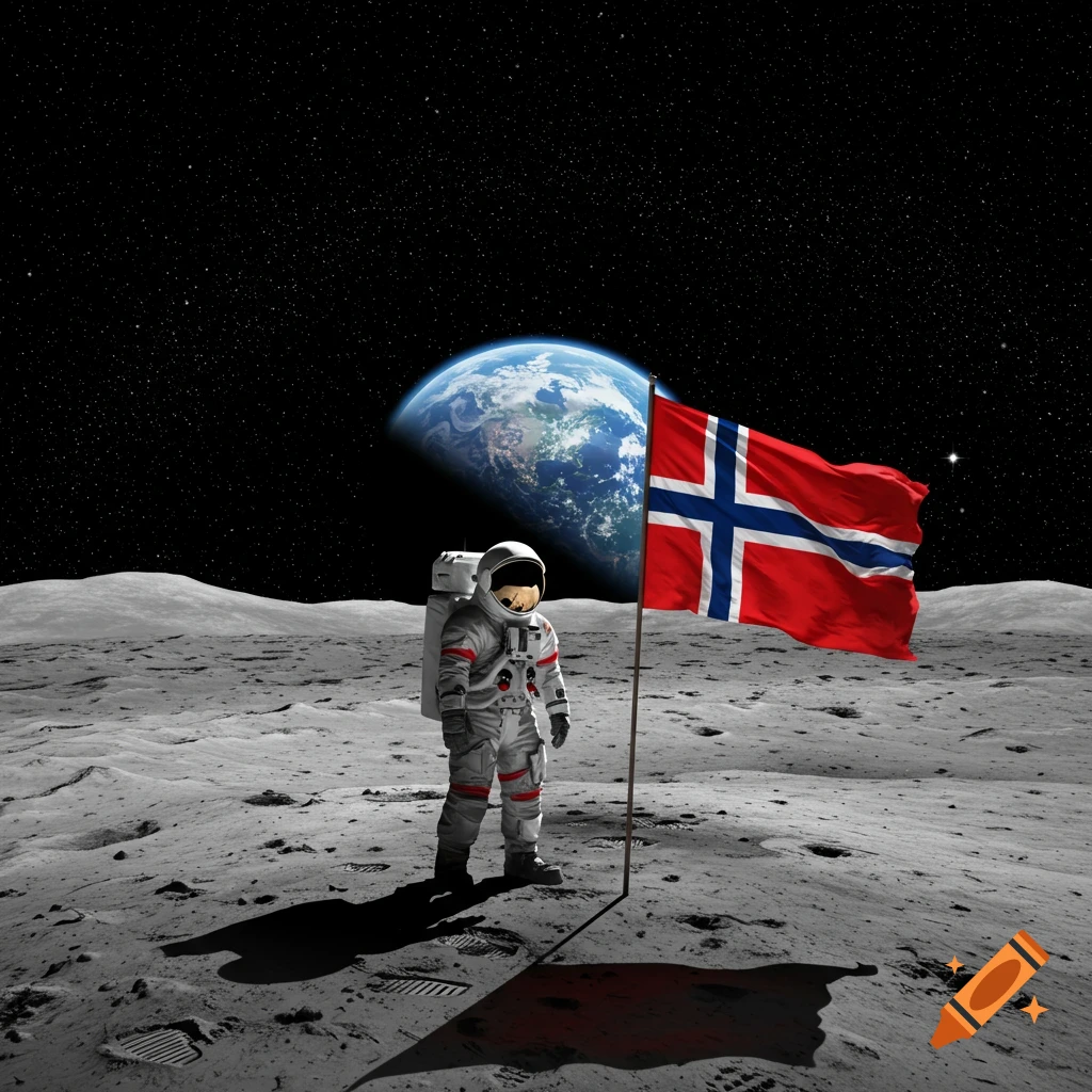 Photorealistic image of an astronaut standing on the moon next to a Norwegian flag, Earth in the background against a starry sky.