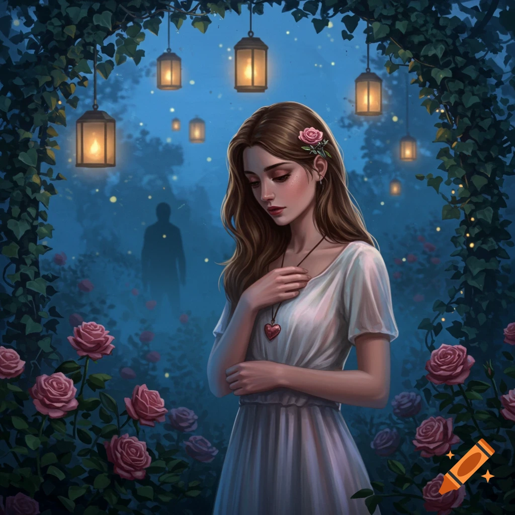 A woman in a white dress stands in a moonlit rose garden with lanterns, a shadowy figure in the background, in an illustrated style.