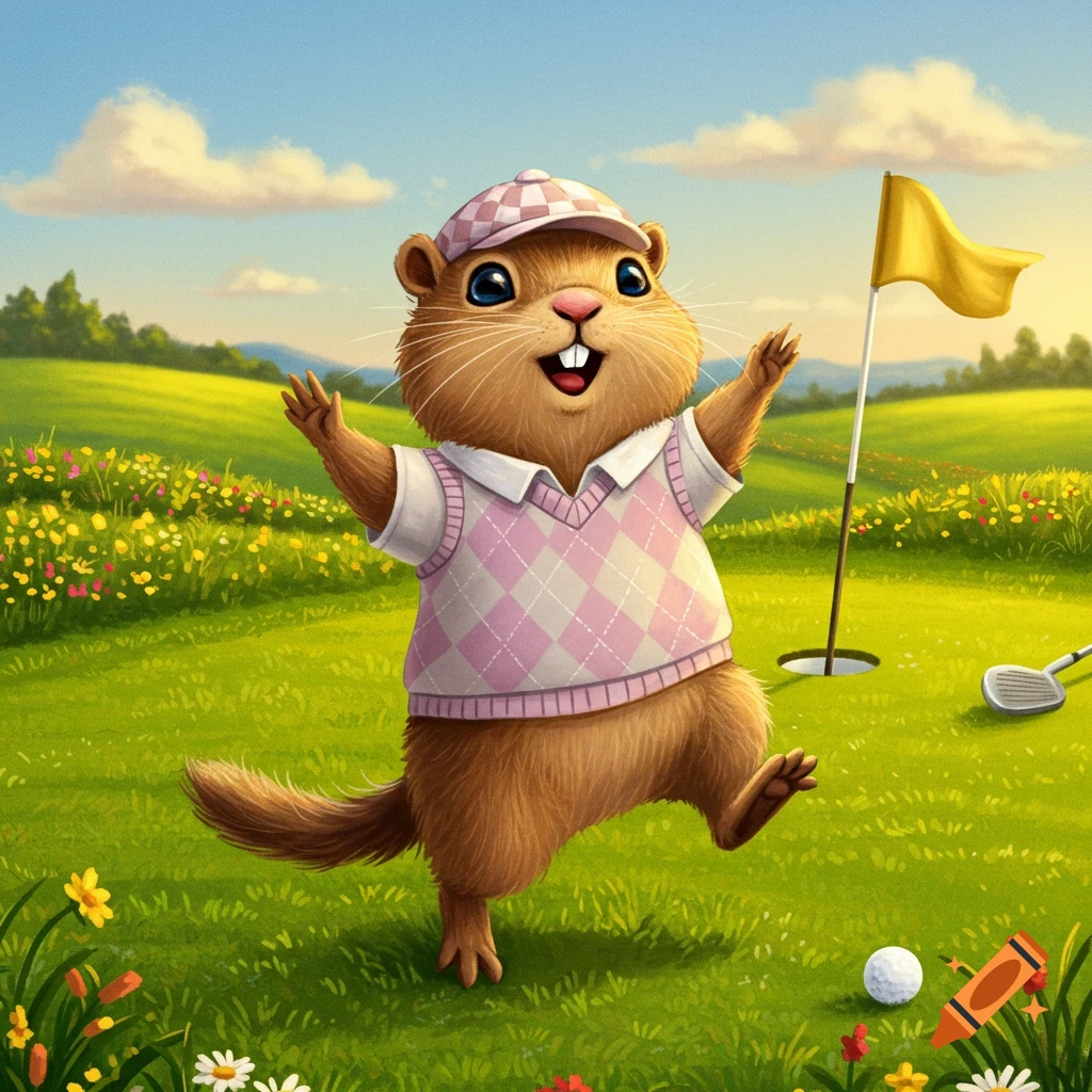 A cute cartoon gopher golfer in a pink argyle sweater and cap dances happily on a sunny green golf course.