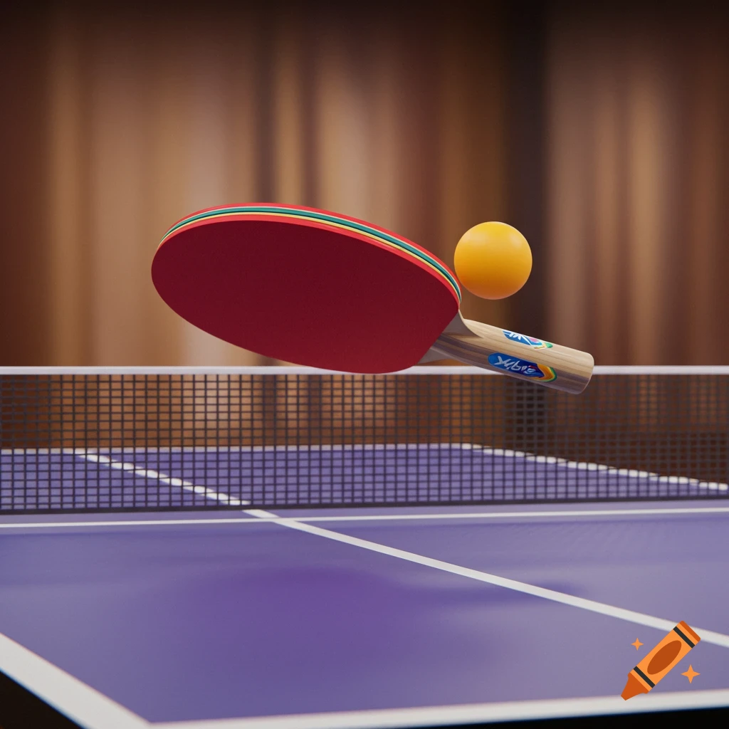 A red and wood ping pong paddle with an orange ball above a blue table tennis table and net, realistic render.