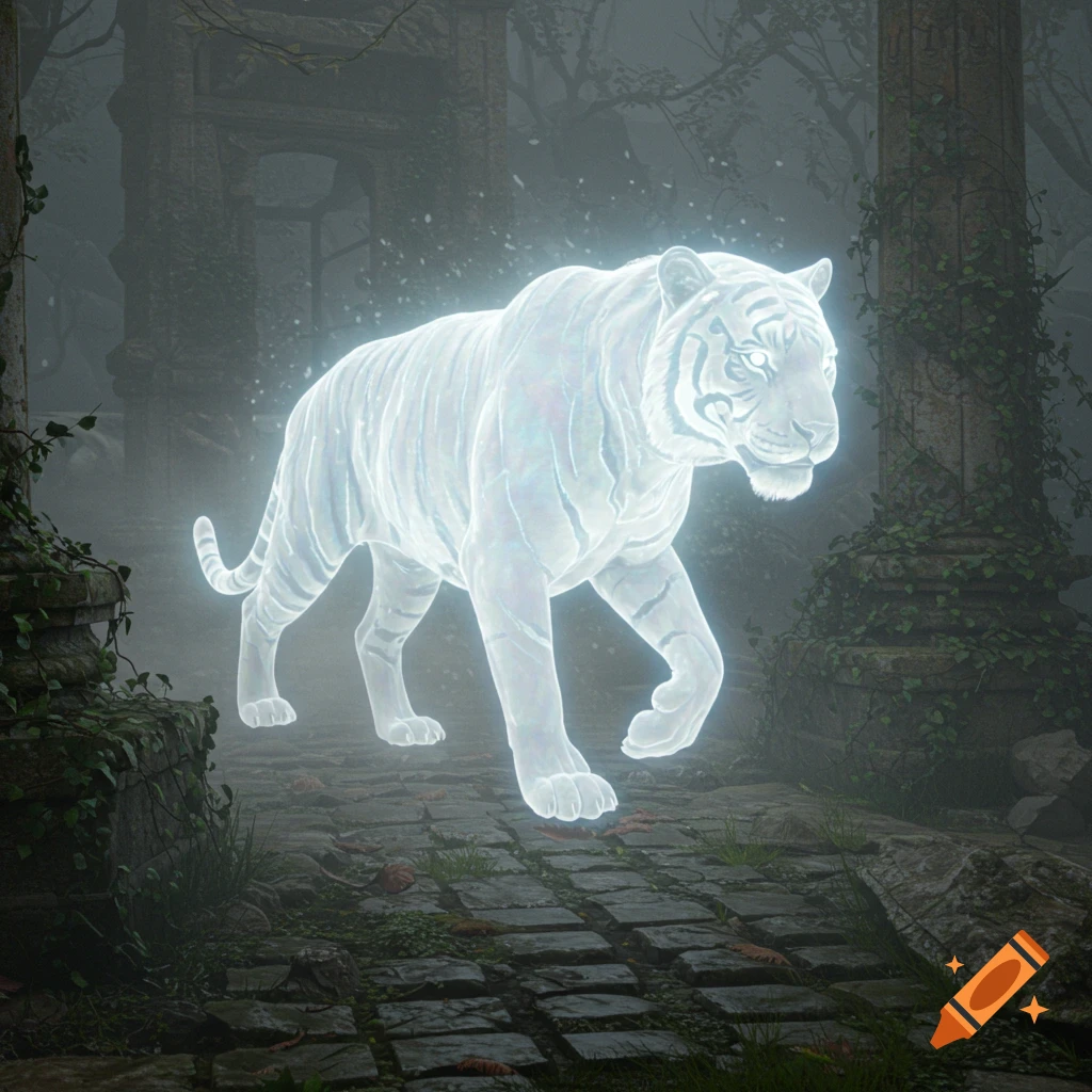 A glowing, translucent white tiger walks through misty, overgrown ancient ruins, appearing ethereal and mystical.