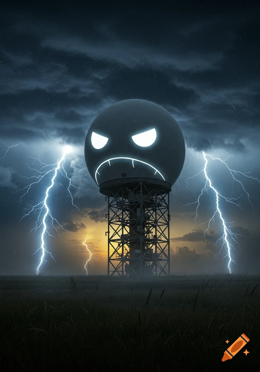 An anthropomorphic angry-faced radar dome sits atop a tower in a dark field as lightning strikes illuminate a stormy sunset sky.