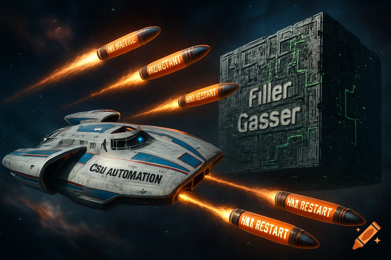 A detailed spaceship fires glowing torpedoes at a large textured cube in a starry space scene.