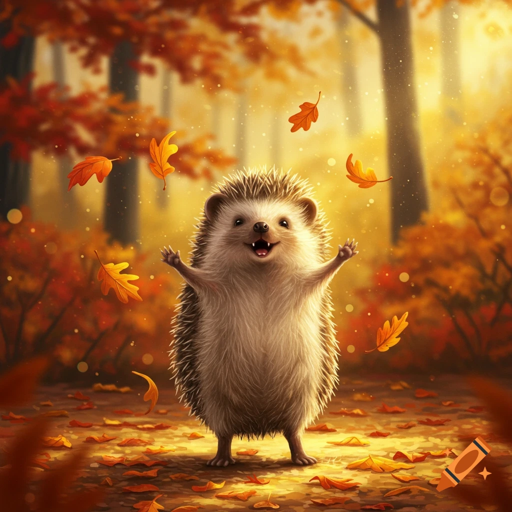 A happy hedgehog with arms raised, surrounded by falling orange autumn leaves in a sunlit forest.
