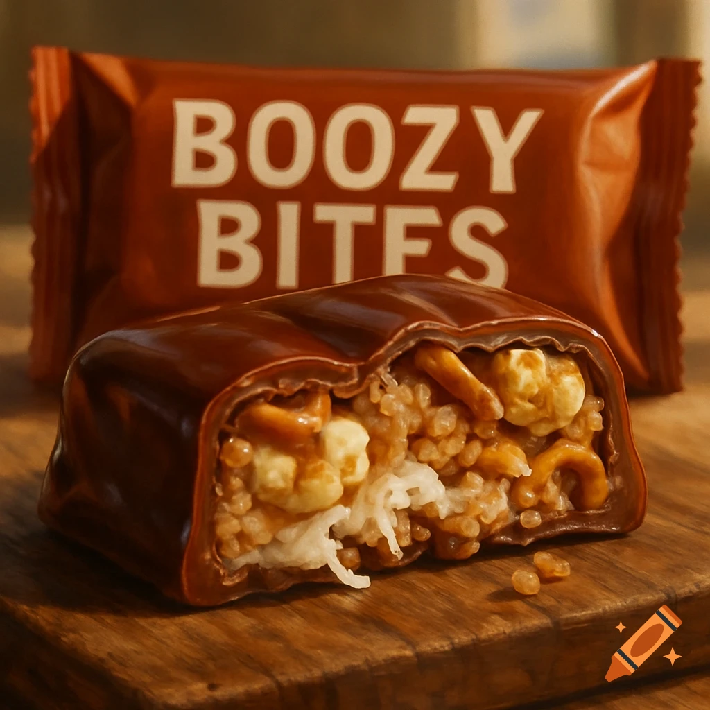 Photorealistic close-up of a broken chocolate bar filled with coconut, rice krispies, pretzels, and popcorn, on a wooden board.