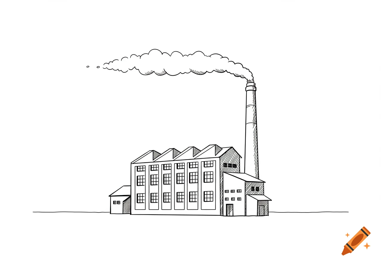 Minimalist black and white line art drawing of a factory with a tall smoking chimney.