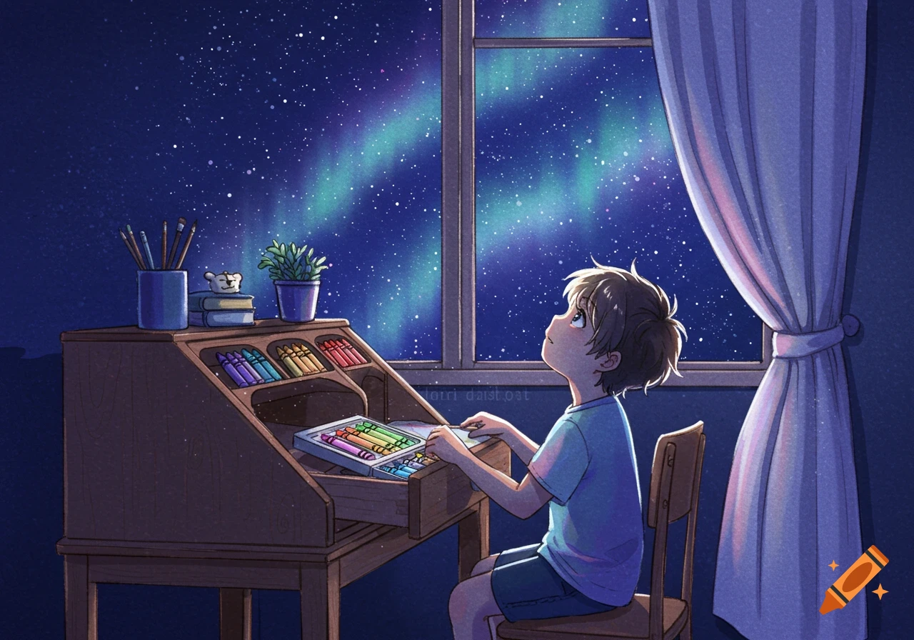 An anime-style illustration of a child at a desk, looking out a window at a starry night sky with aurora borealis.