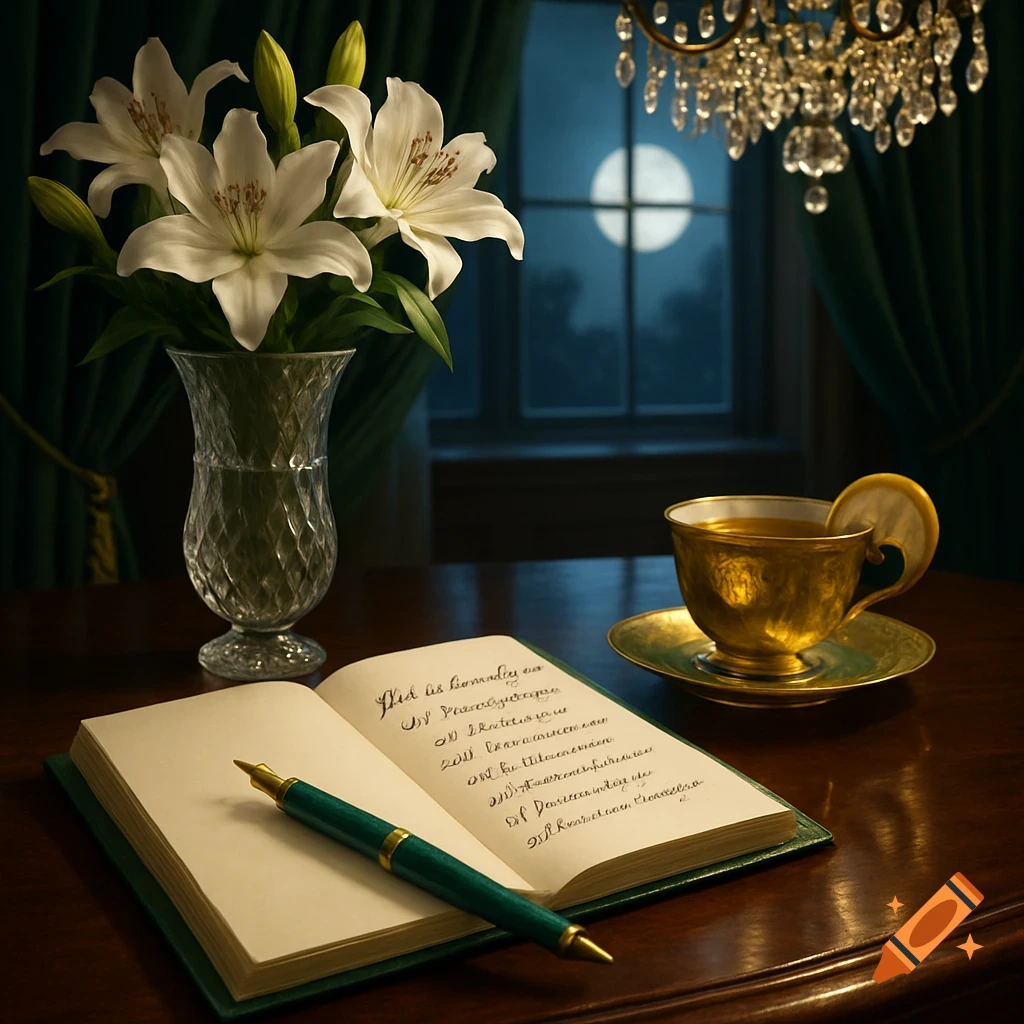 A photorealistic still life of white lilies, an open notebook with a pen, a golden tea cup, and a chandelier, with a full moon outside a window.